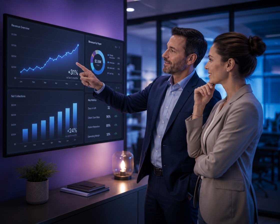 Advisor reviewing rising revenue dashboard with client