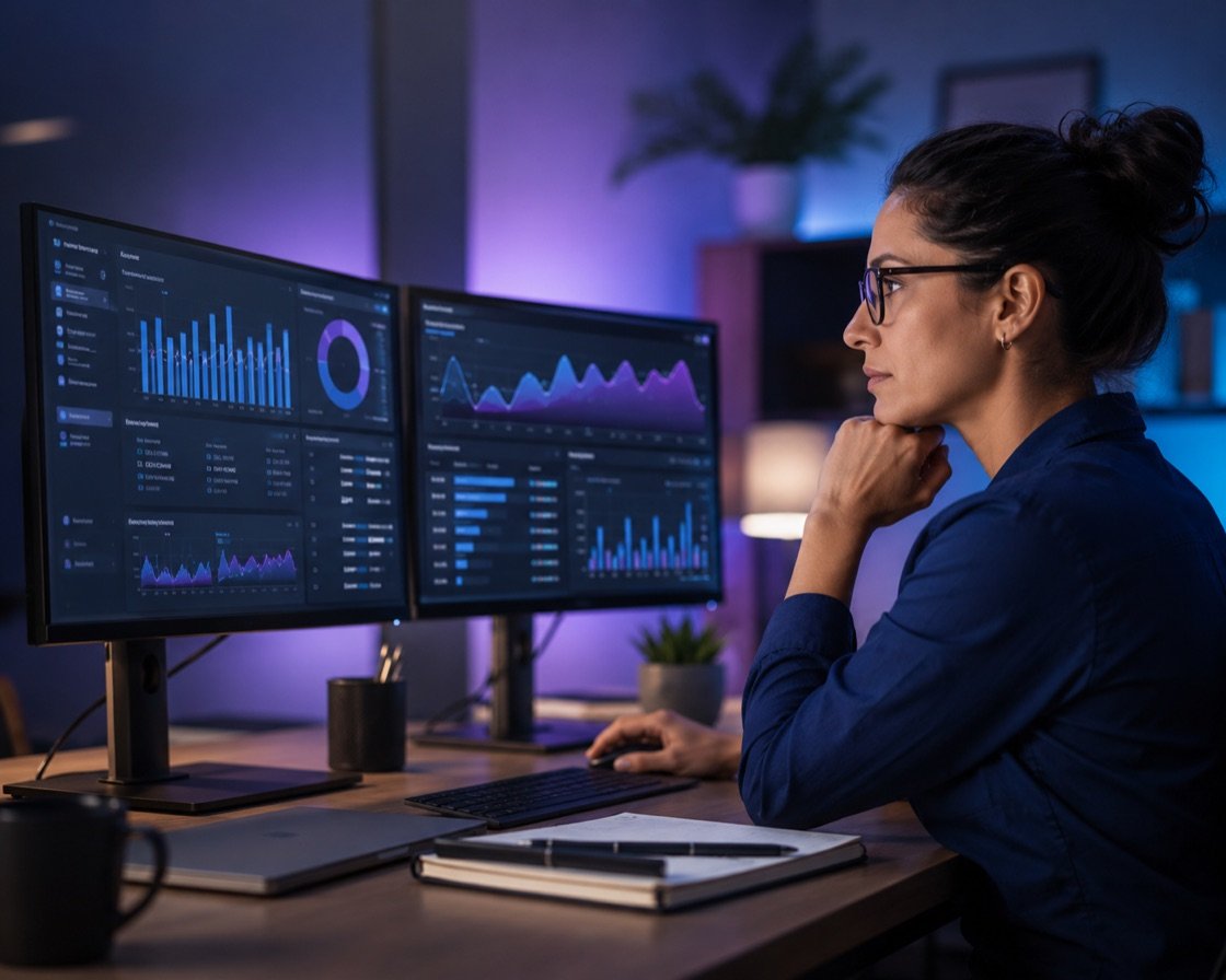 Billing specialist analyzing claims on dual monitors